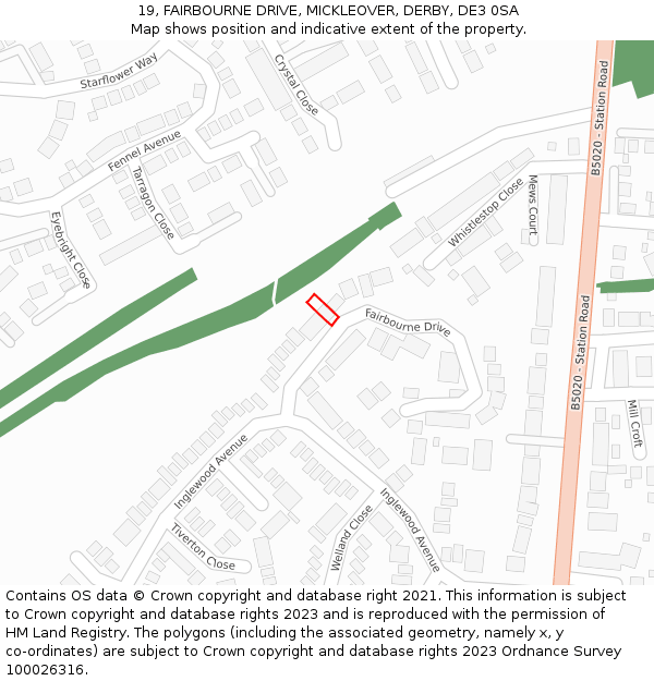 19, FAIRBOURNE DRIVE, MICKLEOVER, DERBY, DE3 0SA: Location map and indicative extent of plot