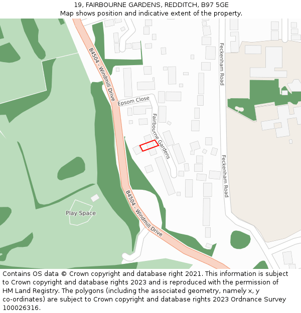 19, FAIRBOURNE GARDENS, REDDITCH, B97 5GE: Location map and indicative extent of plot