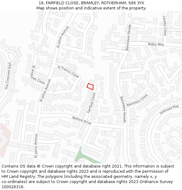 19, FAIRFIELD CLOSE, BRAMLEY, ROTHERHAM, S66 3YX: Location map and indicative extent of plot