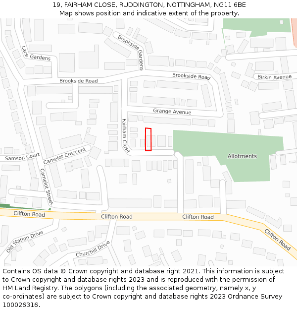 19, FAIRHAM CLOSE, RUDDINGTON, NOTTINGHAM, NG11 6BE: Location map and indicative extent of plot