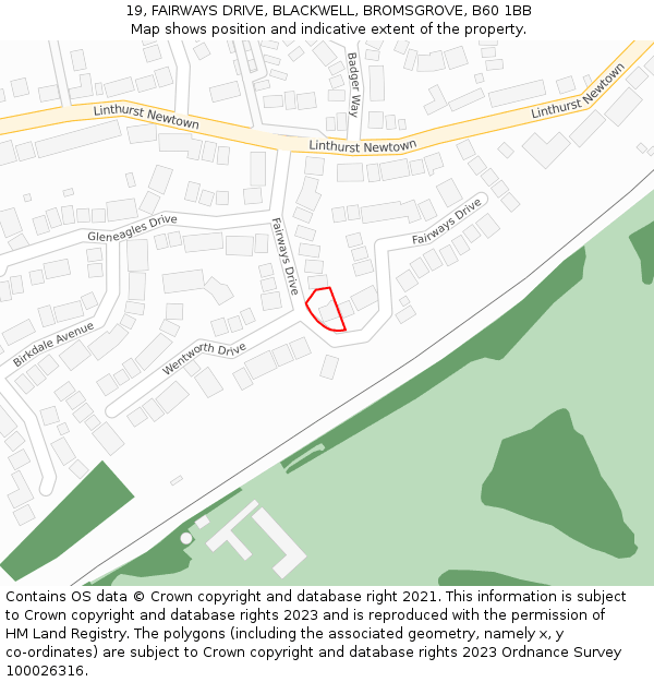 19, FAIRWAYS DRIVE, BLACKWELL, BROMSGROVE, B60 1BB: Location map and indicative extent of plot