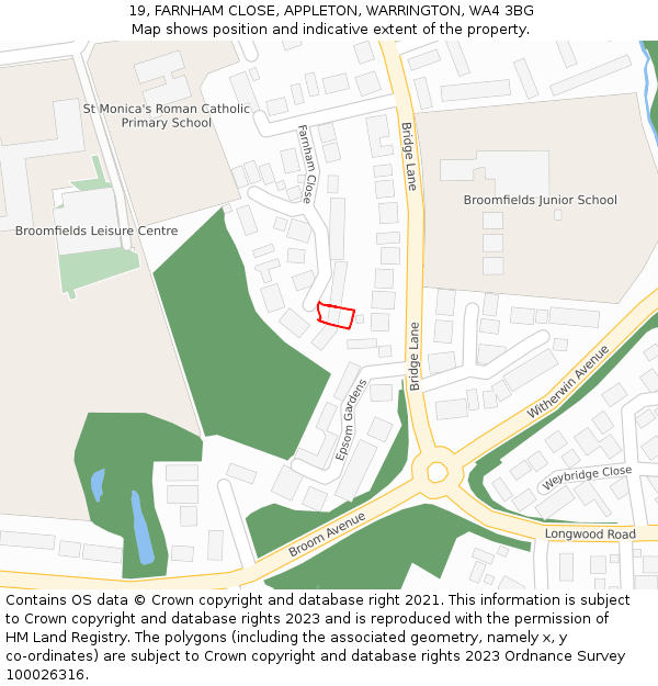 19, FARNHAM CLOSE, APPLETON, WARRINGTON, WA4 3BG: Location map and indicative extent of plot