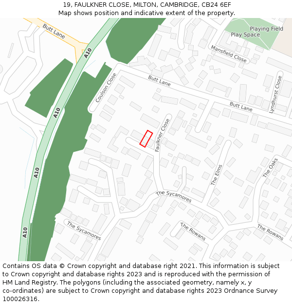 19, FAULKNER CLOSE, MILTON, CAMBRIDGE, CB24 6EF: Location map and indicative extent of plot