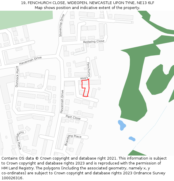 19, FENCHURCH CLOSE, WIDEOPEN, NEWCASTLE UPON TYNE, NE13 6LF: Location map and indicative extent of plot