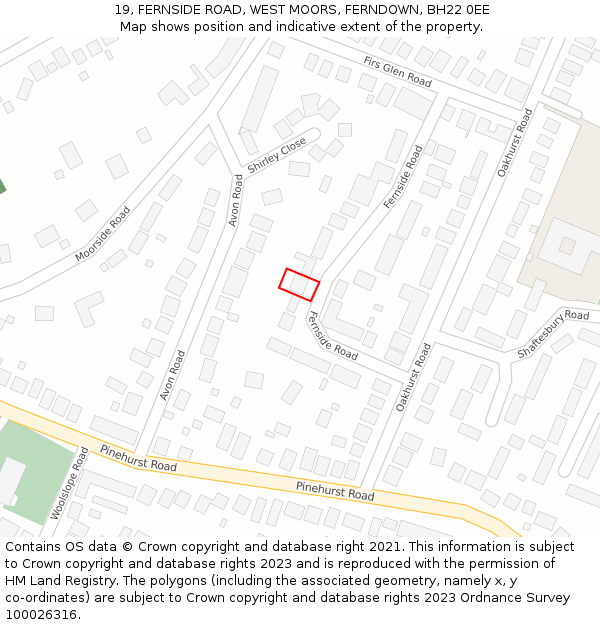 19, FERNSIDE ROAD, WEST MOORS, FERNDOWN, BH22 0EE: Location map and indicative extent of plot