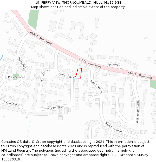 19, FERRY VIEW, THORNGUMBALD, HULL, HU12 9GB: Location map and indicative extent of plot