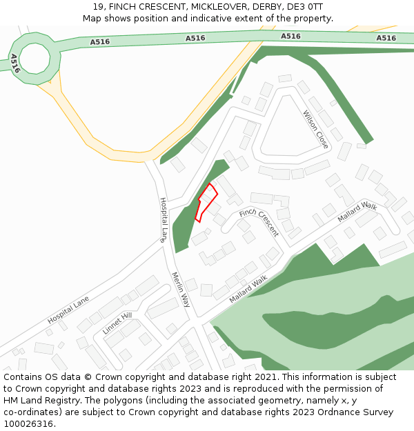 19, FINCH CRESCENT, MICKLEOVER, DERBY, DE3 0TT: Location map and indicative extent of plot