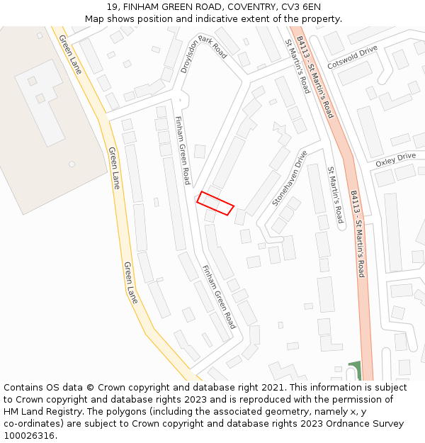 19, FINHAM GREEN ROAD, COVENTRY, CV3 6EN: Location map and indicative extent of plot