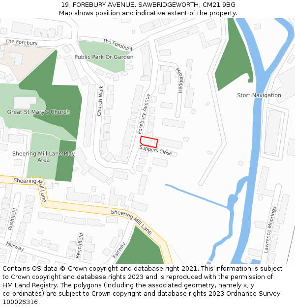 19, FOREBURY AVENUE, SAWBRIDGEWORTH, CM21 9BG: Location map and indicative extent of plot