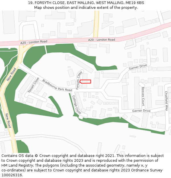 19, FORSYTH CLOSE, EAST MALLING, WEST MALLING, ME19 6BS: Location map and indicative extent of plot