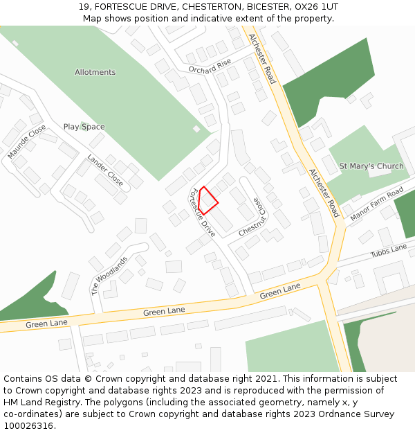 19, FORTESCUE DRIVE, CHESTERTON, BICESTER, OX26 1UT: Location map and indicative extent of plot