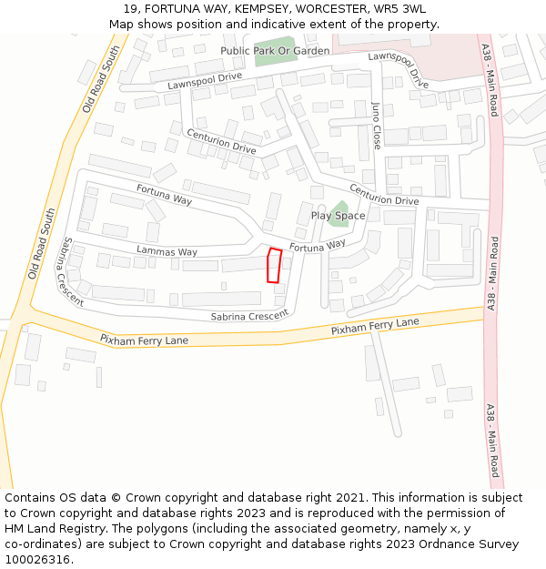 19, FORTUNA WAY, KEMPSEY, WORCESTER, WR5 3WL: Location map and indicative extent of plot