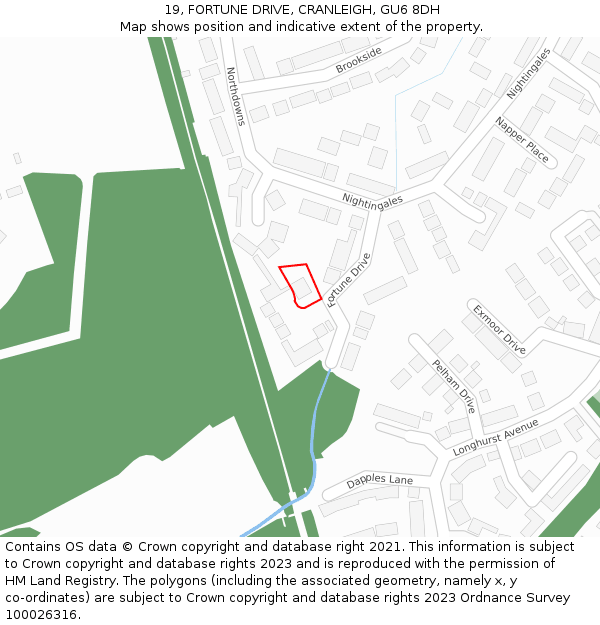 19, FORTUNE DRIVE, CRANLEIGH, GU6 8DH: Location map and indicative extent of plot