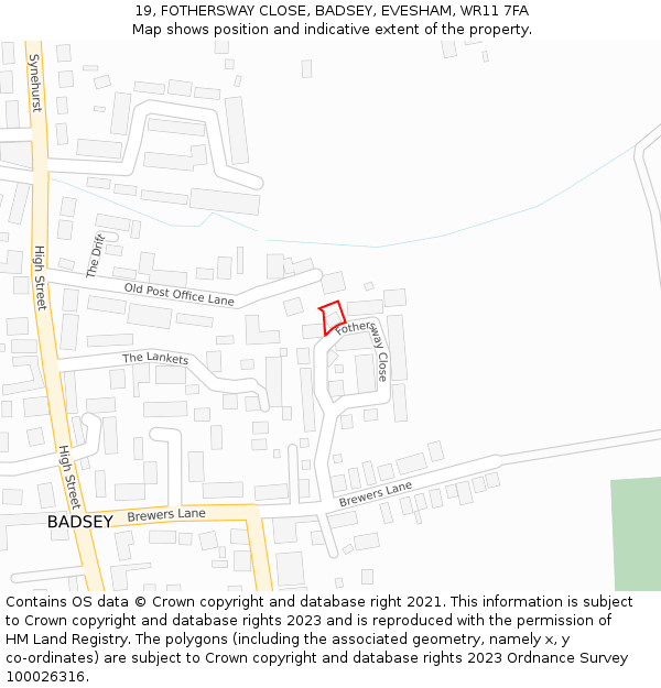 19, FOTHERSWAY CLOSE, BADSEY, EVESHAM, WR11 7FA: Location map and indicative extent of plot