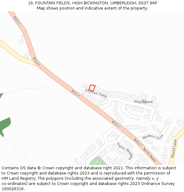 19, FOUNTAIN FIELDS, HIGH BICKINGTON, UMBERLEIGH, EX37 9AP: Location map and indicative extent of plot