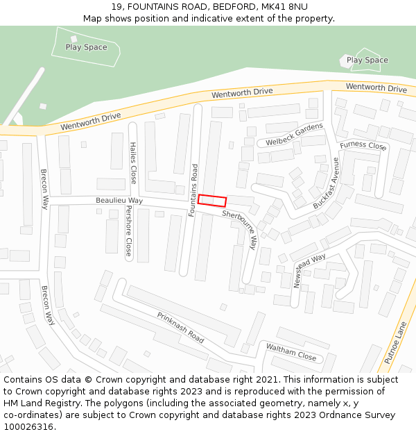 19, FOUNTAINS ROAD, BEDFORD, MK41 8NU: Location map and indicative extent of plot