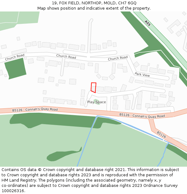 19, FOX FIELD, NORTHOP, MOLD, CH7 6GQ: Location map and indicative extent of plot