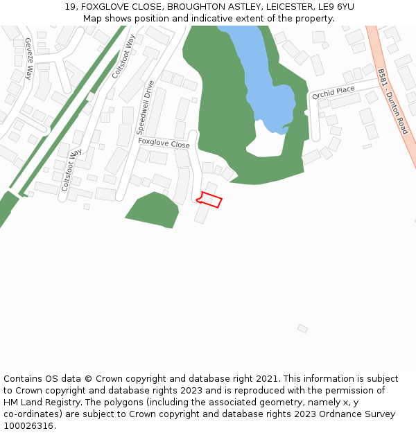 19, FOXGLOVE CLOSE, BROUGHTON ASTLEY, LEICESTER, LE9 6YU: Location map and indicative extent of plot
