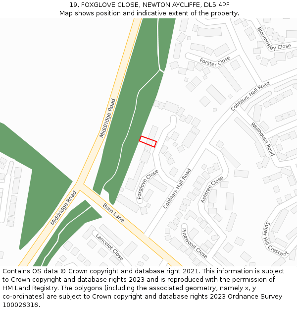 19, FOXGLOVE CLOSE, NEWTON AYCLIFFE, DL5 4PF: Location map and indicative extent of plot