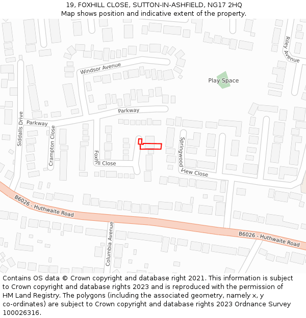 19, FOXHILL CLOSE, SUTTON-IN-ASHFIELD, NG17 2HQ: Location map and indicative extent of plot