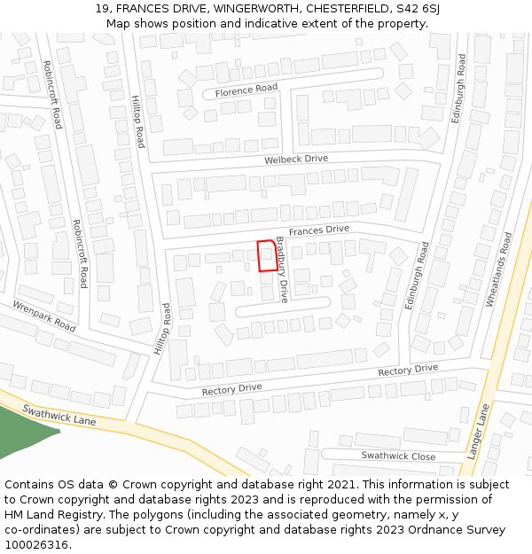 19, FRANCES DRIVE, WINGERWORTH, CHESTERFIELD, S42 6SJ: Location map and indicative extent of plot