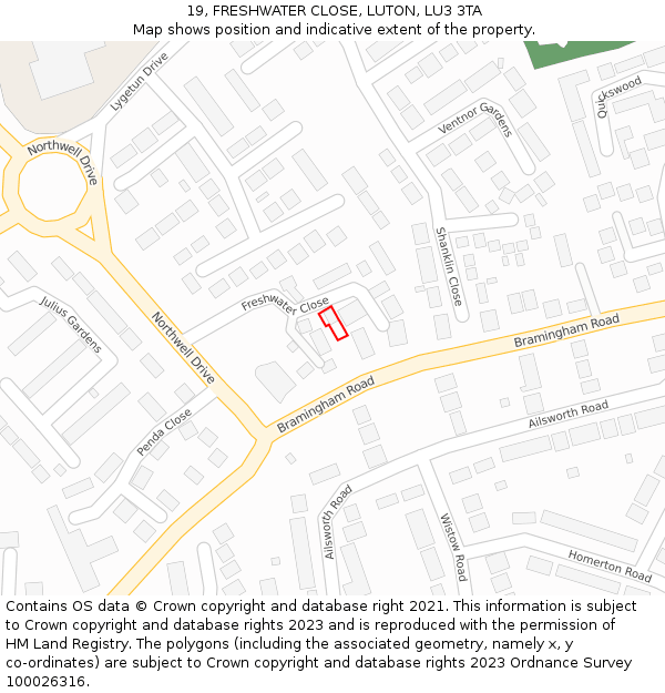 19, FRESHWATER CLOSE, LUTON, LU3 3TA: Location map and indicative extent of plot