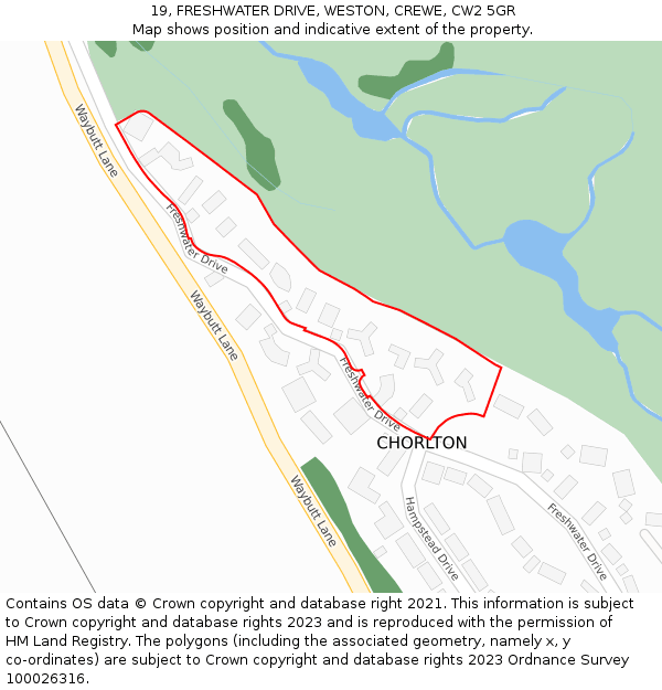 19, FRESHWATER DRIVE, WESTON, CREWE, CW2 5GR: Location map and indicative extent of plot