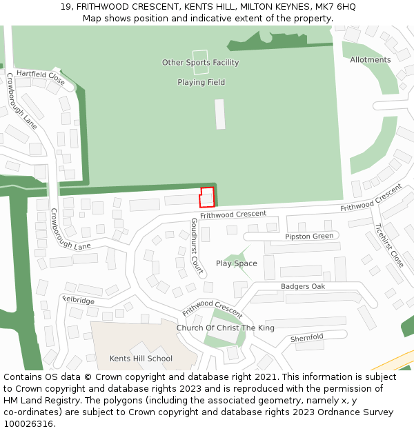 19, FRITHWOOD CRESCENT, KENTS HILL, MILTON KEYNES, MK7 6HQ: Location map and indicative extent of plot