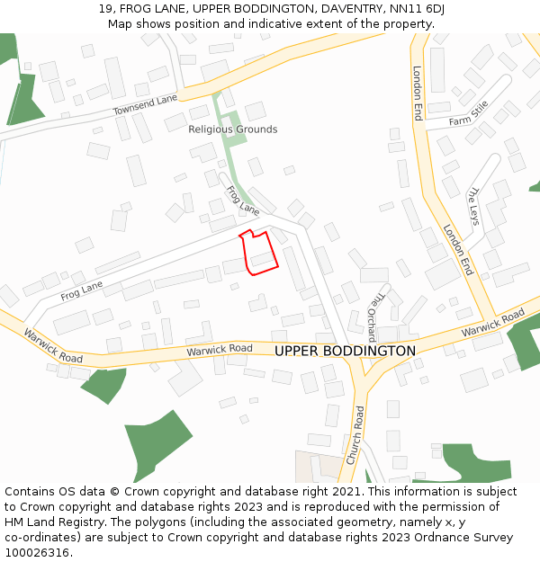 19, FROG LANE, UPPER BODDINGTON, DAVENTRY, NN11 6DJ: Location map and indicative extent of plot