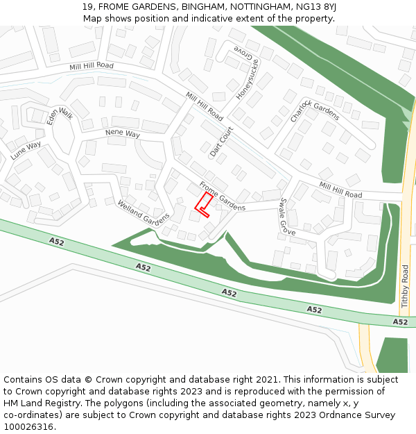 19, FROME GARDENS, BINGHAM, NOTTINGHAM, NG13 8YJ: Location map and indicative extent of plot