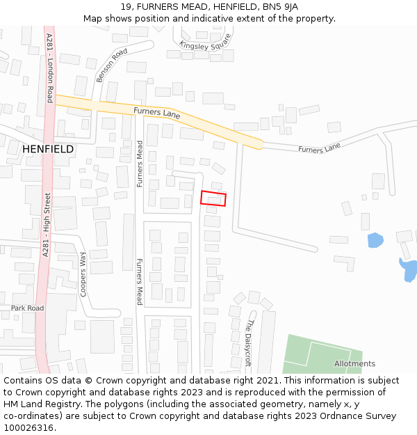 19, FURNERS MEAD, HENFIELD, BN5 9JA: Location map and indicative extent of plot