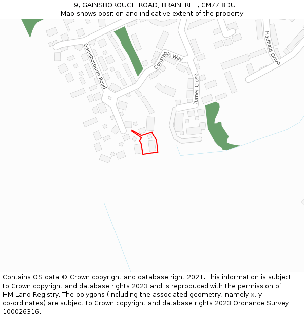 19, GAINSBOROUGH ROAD, BRAINTREE, CM77 8DU: Location map and indicative extent of plot