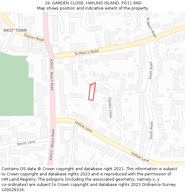 19, GARDEN CLOSE, HAYLING ISLAND, PO11 9AD: Location map and indicative extent of plot