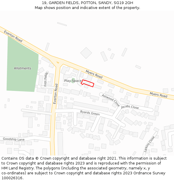 19, GARDEN FIELDS, POTTON, SANDY, SG19 2GH: Location map and indicative extent of plot