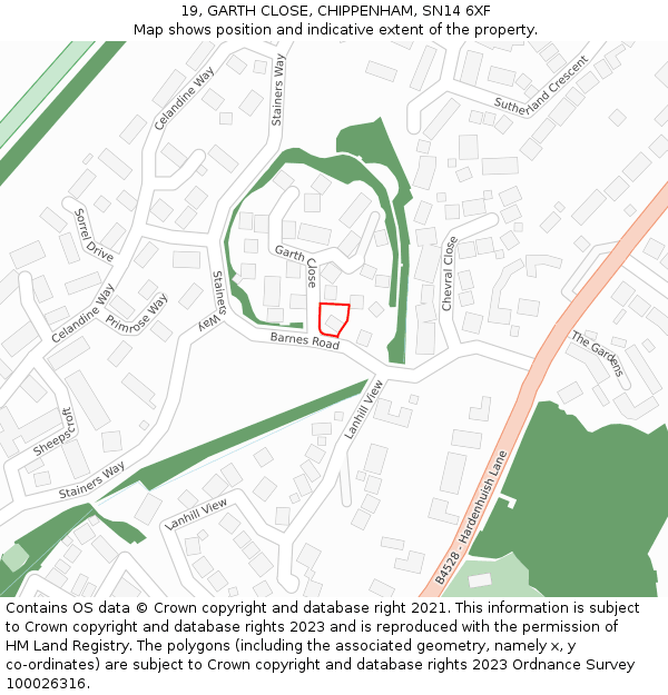 19, GARTH CLOSE, CHIPPENHAM, SN14 6XF: Location map and indicative extent of plot