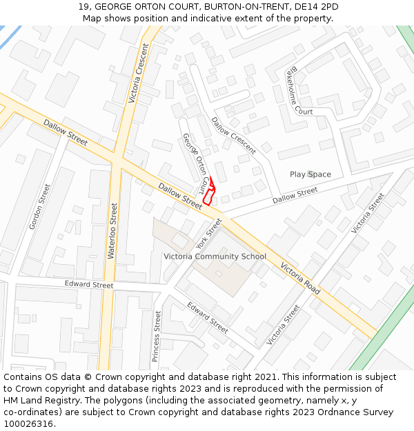 19, GEORGE ORTON COURT, BURTON-ON-TRENT, DE14 2PD: Location map and indicative extent of plot