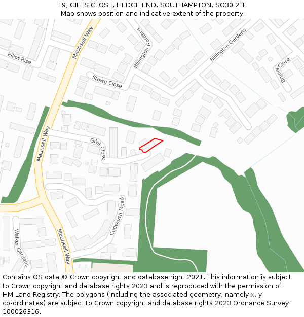 19, GILES CLOSE, HEDGE END, SOUTHAMPTON, SO30 2TH: Location map and indicative extent of plot