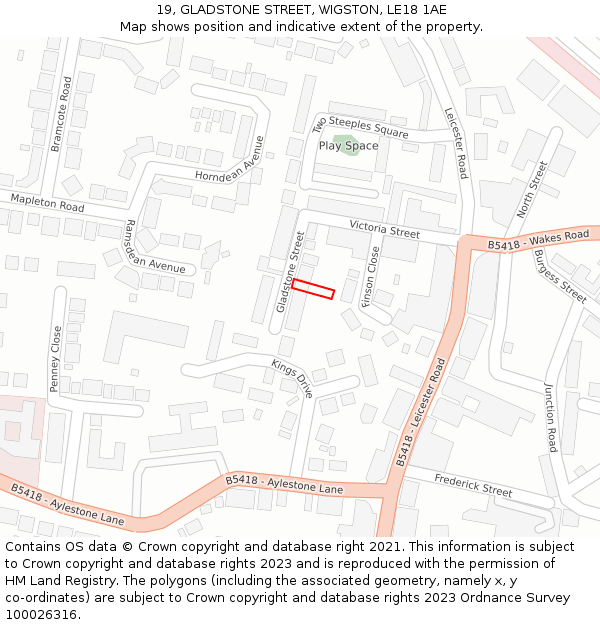 19, GLADSTONE STREET, WIGSTON, LE18 1AE: Location map and indicative extent of plot