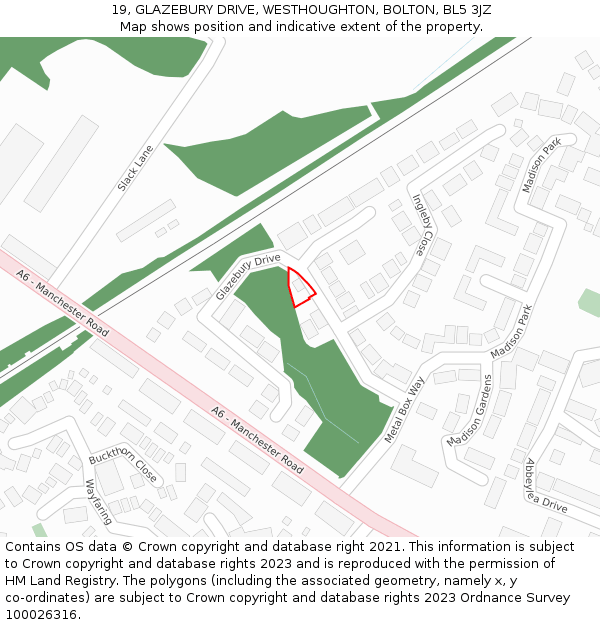 19, GLAZEBURY DRIVE, WESTHOUGHTON, BOLTON, BL5 3JZ: Location map and indicative extent of plot