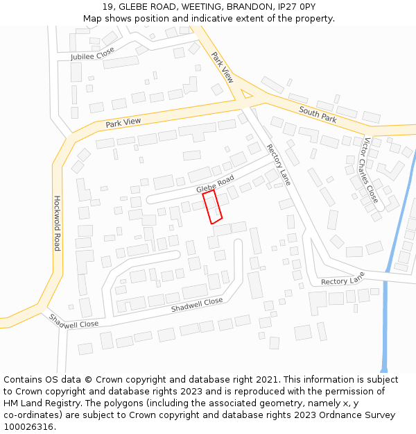 19, GLEBE ROAD, WEETING, BRANDON, IP27 0PY: Location map and indicative extent of plot