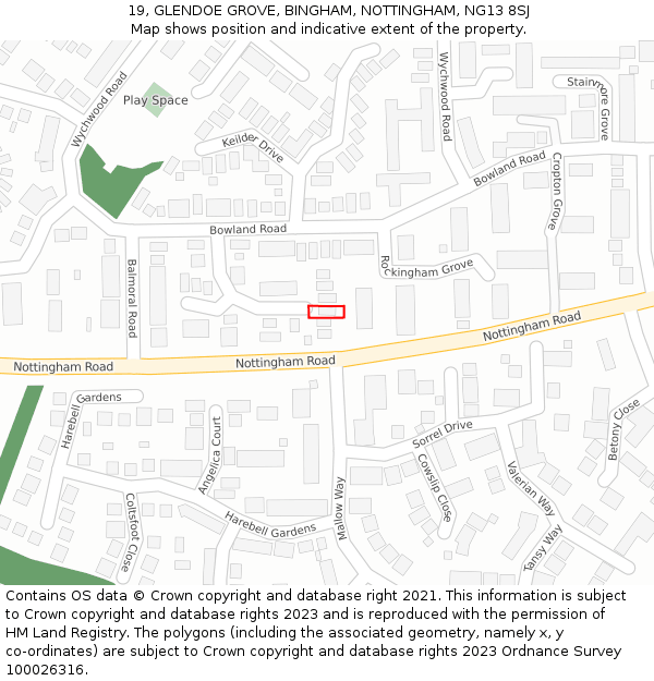 19, GLENDOE GROVE, BINGHAM, NOTTINGHAM, NG13 8SJ: Location map and indicative extent of plot