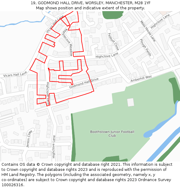 19, GODMOND HALL DRIVE, WORSLEY, MANCHESTER, M28 1YF: Location map and indicative extent of plot