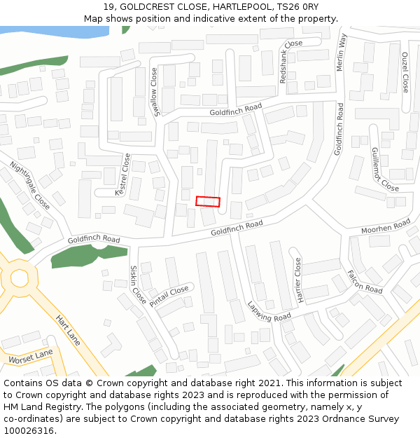 19, GOLDCREST CLOSE, HARTLEPOOL, TS26 0RY: Location map and indicative extent of plot