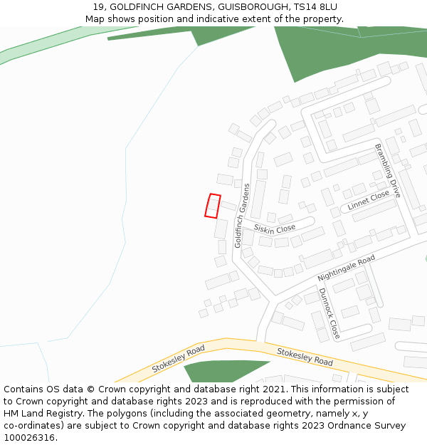 19, GOLDFINCH GARDENS, GUISBOROUGH, TS14 8LU: Location map and indicative extent of plot