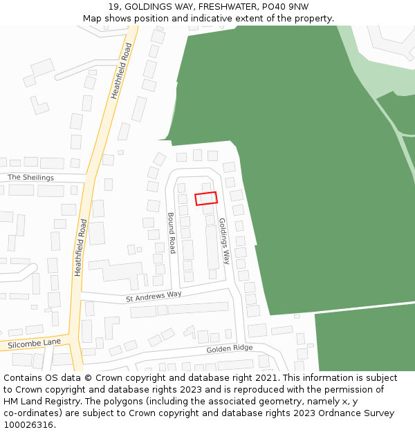 19, GOLDINGS WAY, FRESHWATER, PO40 9NW: Location map and indicative extent of plot