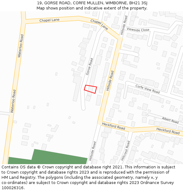 19, GORSE ROAD, CORFE MULLEN, WIMBORNE, BH21 3SJ: Location map and indicative extent of plot
