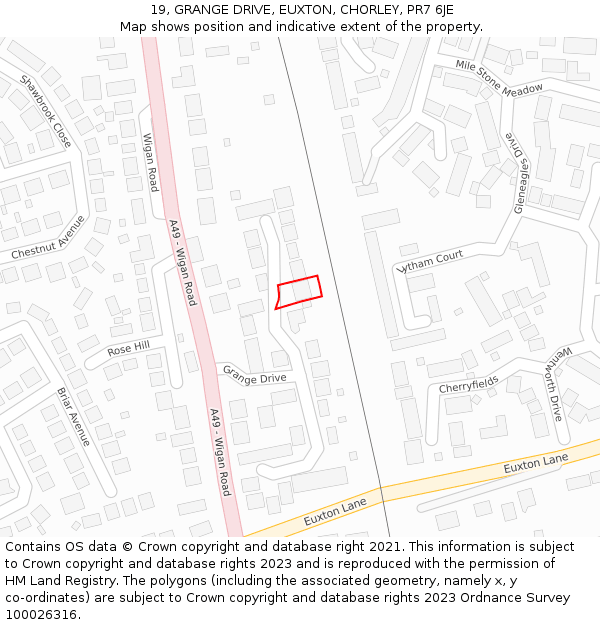 19, GRANGE DRIVE, EUXTON, CHORLEY, PR7 6JE: Location map and indicative extent of plot