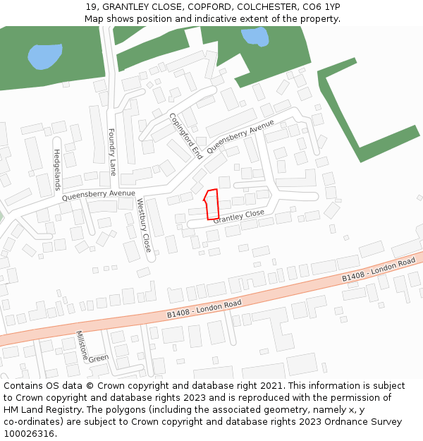 19, GRANTLEY CLOSE, COPFORD, COLCHESTER, CO6 1YP: Location map and indicative extent of plot