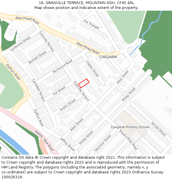 19, GRANVILLE TERRACE, MOUNTAIN ASH, CF45 4AL: Location map and indicative extent of plot