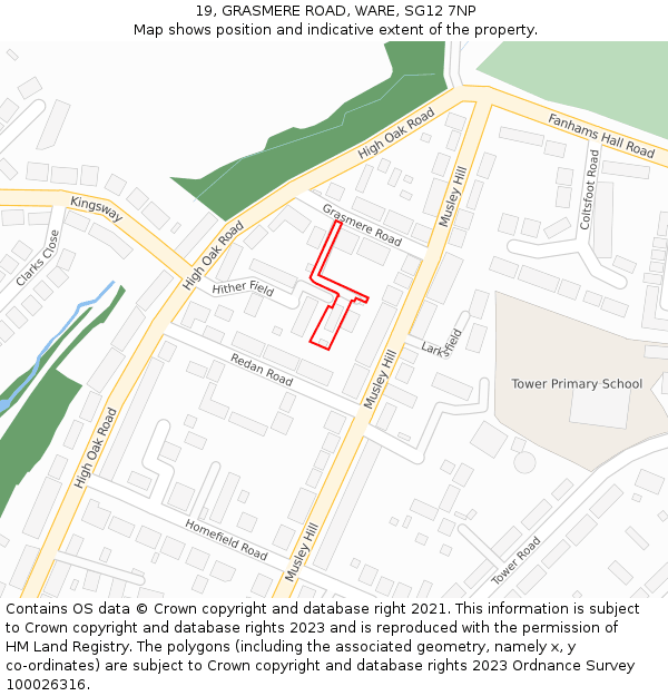 19, GRASMERE ROAD, WARE, SG12 7NP: Location map and indicative extent of plot